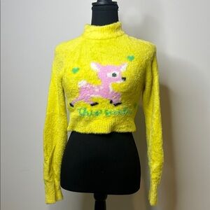 Urban Outfitters Neon Yellow Fuzzy Crop Sweater with Pink Deer Motif Kawaii Y2K